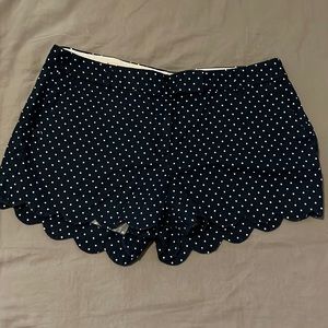 Navy blue and white polkadotted, scalloped leg shorts, size 14 jcrew